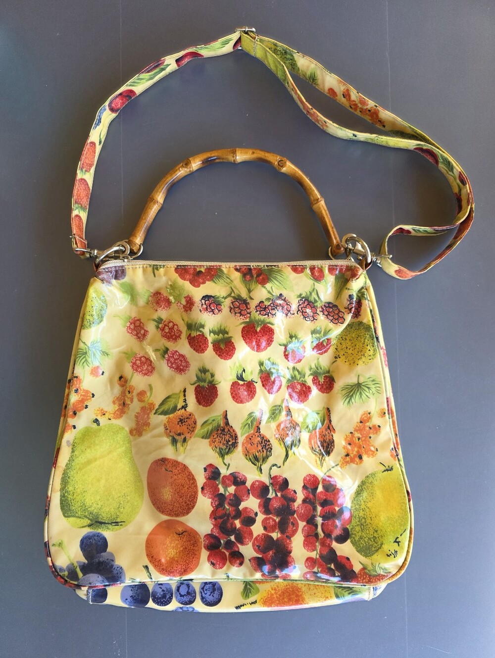 Jeanne Lottie Y2K Fun Fruit Vinyl Handbag With Bamboo Handle And Removable Strap